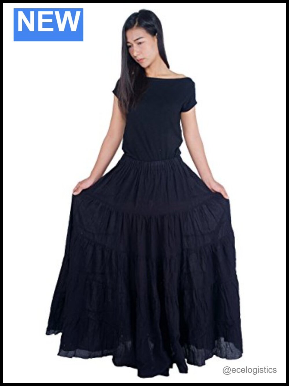 Women's Cotton Long Maxi Skirt with Ruffle, Full Skirt, Elastic Waist